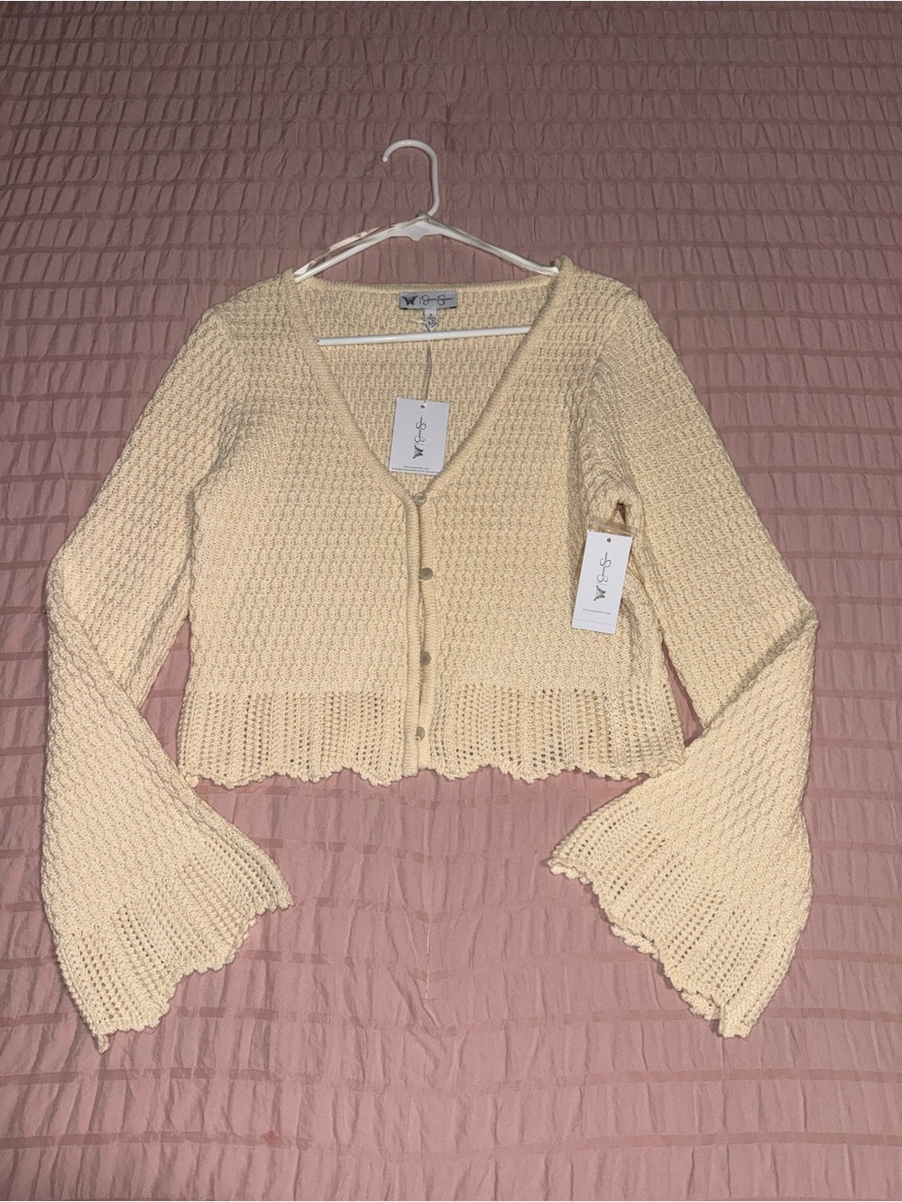 Jessica Simpson Cream Crochet Knit Button-Front Cropped Cardigan